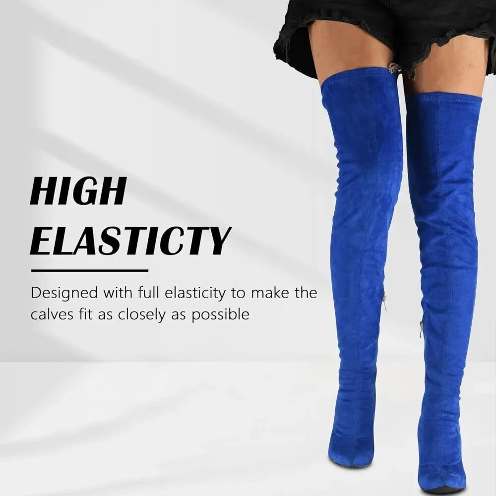 Women's Royal Blue Velveteen Suede Pointed Toe Thigh High Side Zipper Heel Boot